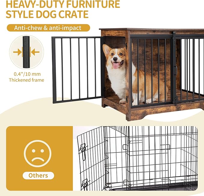 Hzuaneri 31.9" Dog Crate Furniture with Barn Door, Heavy Duty Dog Kennel Indoor with 2 Doors, Wooden Pet Cage End Table for Small Medium Dogs up to 44 lb, Anti-Chew Anti-Escape, Rustic Brown DFC83601B