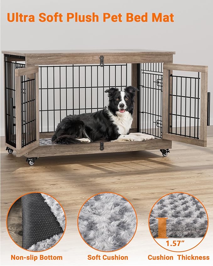 Dog Crate Furniture with Cushion, Large Wooden Dog Kennel Indoor with Double Doors, Dog Cage with Wheels, Dog House Side End Table for Large Medium Dogs up to 70 lb, 38.5” L, Grey