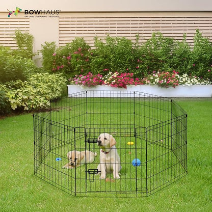 BOWHAUS Foldable Outdoor/Indoor Pet Playpen with Gate, Available in 36 Inch Height Metal Portable Kennel, Heavy-Duty Exercise Fence Cage 8 Panels for Large Dog, Animals