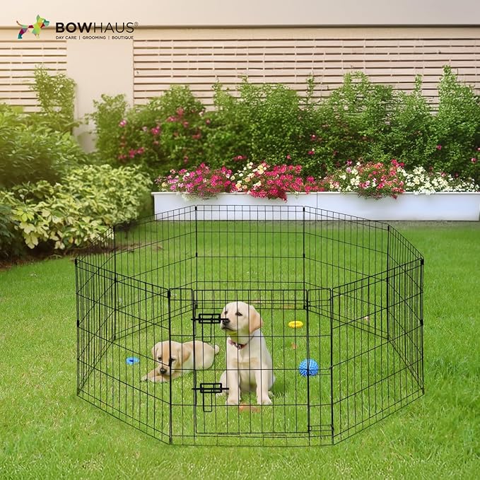 BOWHAUS Foldable Outdoor/Indoor Pet Playpen with Gate, Available in 24 Inch Height Metal Portable Kennel, Heavy-Duty Exercise Fence Cage 8 Panels for Small Dog, Animals