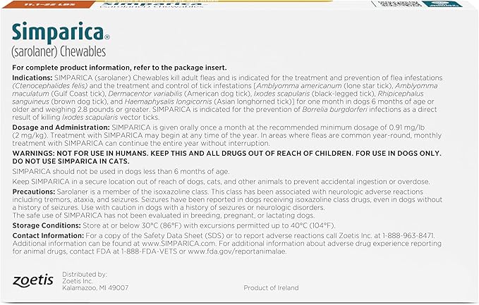 Simparica (sarolaner) Chewables for Dogs, 20 mg/tab, 11.1-22 lbs (Caramel), 6 Tablets