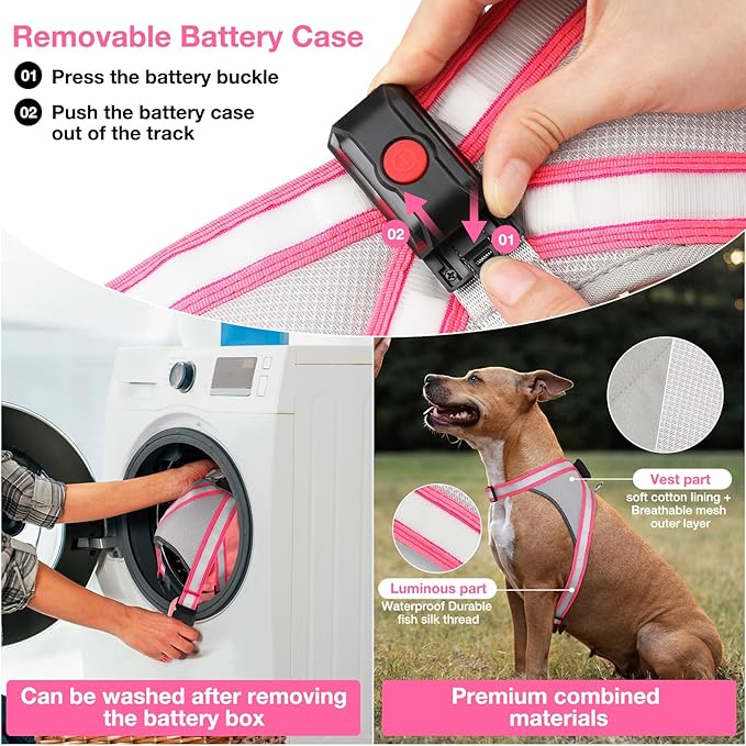 ChalkLit Light Up Dog Harness, No Pull Led Dog Harness Glow-in-The-Dark for Night Walking, USB Rechargeable Lighted Safety Vest for Medium Large Dogs, Adjustable Soft Mesh Fully Illuminated(Pink, XL)