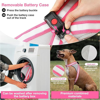 ChalkLit Light Up Dog Harness, No Pull Led Dog Harness Glow-in-The-Dark for Night Walking, USB Rechargeable Lighted Safety Vest for Medium Large Dogs, Adjustable Soft Mesh Fully Illuminated(Pink, XL)