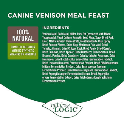 Nature's Logic Dry Dog Food - 100% Natural - No Synthetics - for All Ages, Sizes, Breeds - Free from Common Allergens, High Protein - Venison Meal Feast, 25lbs