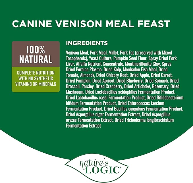 Nature's Logic Dry Dog Food - 100% Natural - No Synthetics - for All Ages, Sizes, Breeds - Free from Common Allergens, High Protein - Venison Meal Feast, 13lbs