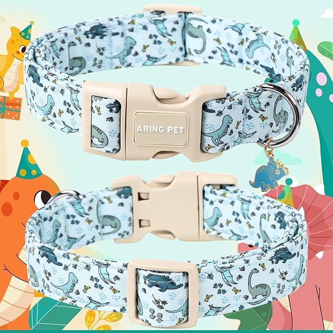 ARING PET Dinosaur Dog Collar, Blue Summer Pet Collars with Quick Release Buckle for Puppy Small Medium Large Boy Girl Dogs-S