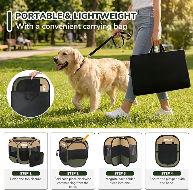 Dog Cat Playpen, Portable Puppy Pet Crate Indoor for Small Dogs Cats Rabbits, Foldable Dog Cage Enclosure for Outdoor, Pop Up Dogs Tent Kennel with Carrying Case, Olive Green