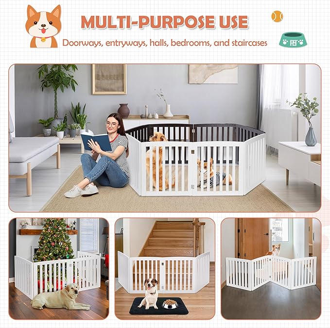 Dog Gate Pet Gate Indoor for Stairs Doorways 82x24 Inch 4 Panels Dog Fence Extra Wide Wooden White