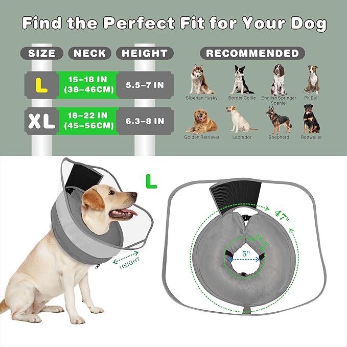 Inflatable Dog Cone with Transparent Shield, Large Size Protective Dog Donut Collar After Surgery Soft Donut Cone for Dogs, Gray, Large