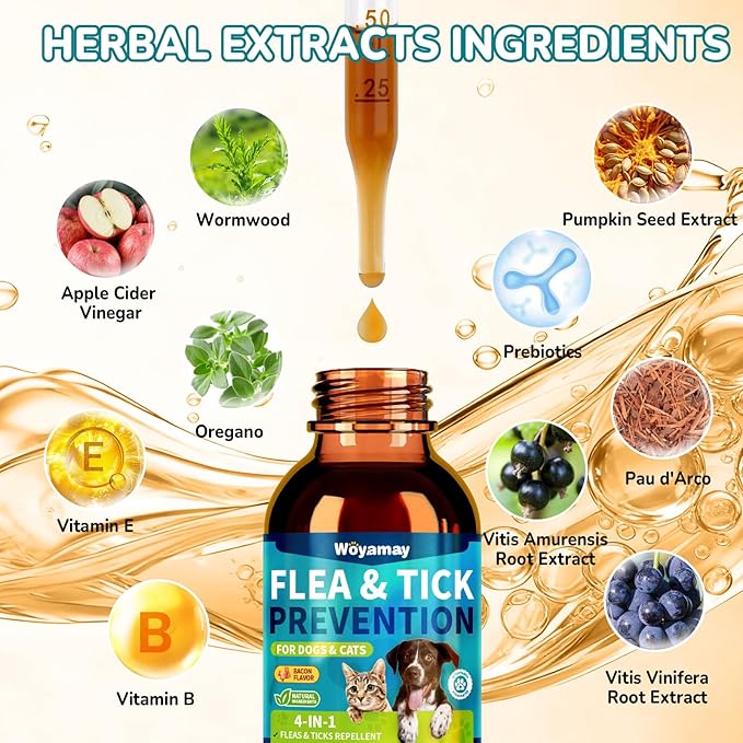 Woyamay 4-IN-1 Flea and Tick Prevention Drops for Dogs and Cats, Natural Cat & Dog Flea and Tick Treatment, Supports Flea Defense, Gut Health, Skin & Coat Nourishment, and Immune Support, Bacon Flavor