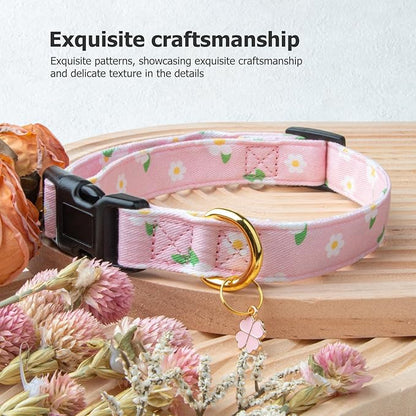 Cotton Handmade Dog Collar Cute and Distinctive Patterns Pink Flower with Pendant for Girl Boy Dogs Collars M