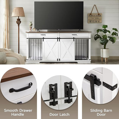 72.5" XXL Wooden Double Dog Crate Furniture for 2 Large Breeds, Farmhouse Barn Door, Removable Divider, Water Resistant with Built-in Drawers, Home Decor Pet Kennel, White