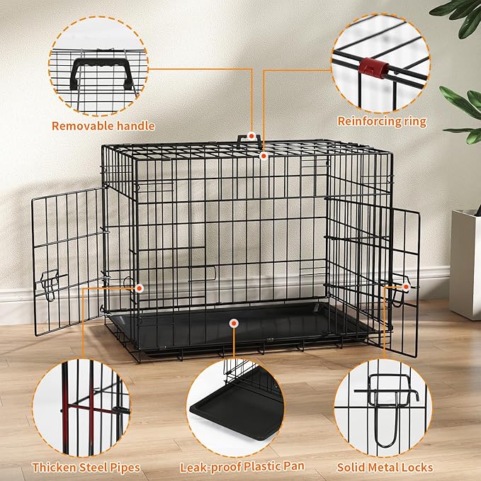 FDW Dog Crate 24-Inch Dog Cage Single Door Foldable Metal Kennel with Leakproof Tray Foldable Design Indoor Outdoor Use for Small Dogs,Dark Black