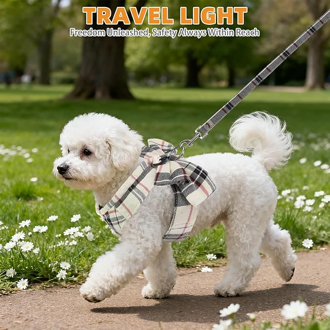 KOOLTAIL Small Dog Harness and Leash Set, Cute Puppy Vest Harnesses with Bowtie, Step in No Pull Soft Mesh Padded Adjustable Plaid Pet Harness for Extra-Samll Medium Dogs Cats, Boy Girl, XS S, Beige M