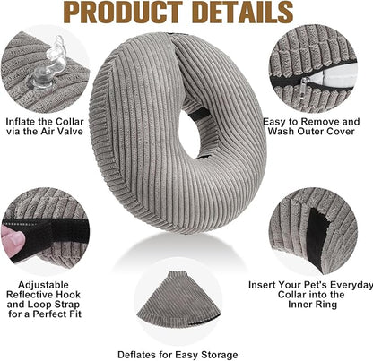 BINGPET Inflatable Dog Cone Collar Alternative After Surgery,Soft Recovery Cone for Dogs to Stop Licking,Dog Blow up Protective Neck Donut ECollars Adjustable for Large Medium Small Pet,Upgrade M Grey