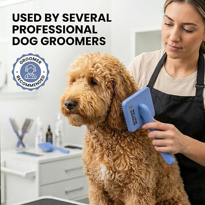 Slicker Brush for Dogs, Dog Grooming Supplies - Best Doodle & Poodle Brush for Haired Dogs - Goldendoodle Pin Detangler for Dematting (Large Curved)
