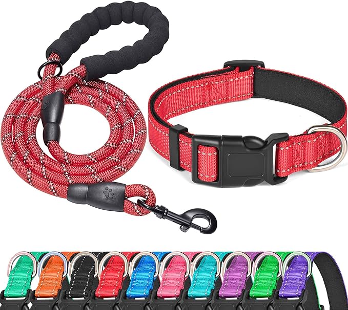Ladoogo Reflective Dog Collar Padded with Soft Neoprene Breathable Adjustable Nylon Dog Collars for Small Medium Large Dogs (Medium (Pack of 1), Red Collar+Leash)