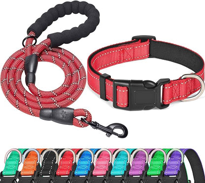 Ladoogo Reflective Dog Collar Padded with Soft Neoprene Breathable Adjustable Nylon Dog Collars for Small Medium Large Dogs (Medium (Pack of 1), Red Collar+Leash)