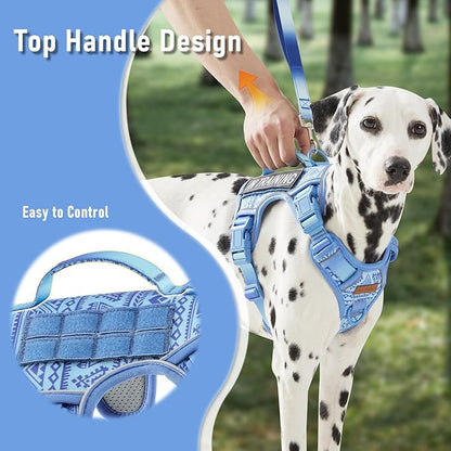 No Pull Dog Harness for Large Dogs with 2 Metal Clips, Easy On/Off with Neck Buckle, Heavy Duty Adjustable Tactical Puppy Vest, Breathable Pet Harness with Easy Control Handle, Blue L