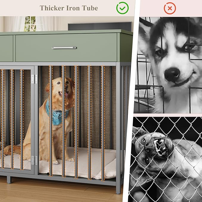 HOSTACK Double Dog Crates Furniture, 71" Wide Indoor Dog Kennel with 3 Drawers, Farmhouse Dog Cage for 2 Large/Medium Dogs, Heavy Duty Dog Crate with Removable Room Divider, Wooden Pet House, Green