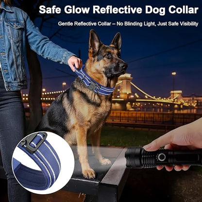KCUCOP Tactical Dog Collar for Medium & Large Dogs - Military Nylon Heavy Duty Collar with Handle, Reflective Strip & Metal Buckle for Training, Outdoor (Reflective Dark Blue, Medium)