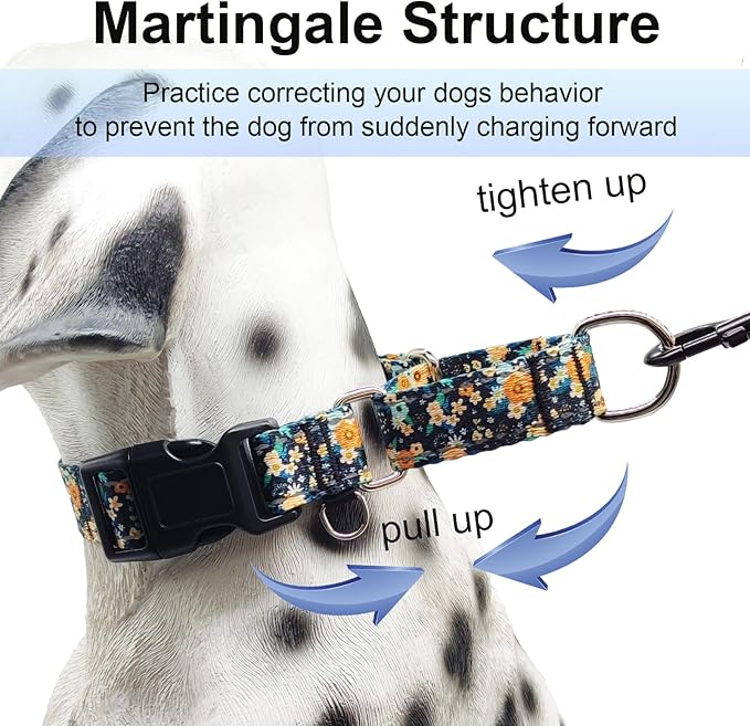 Reflective Martingale Dog Collar with Buckle Soft Nylon Floral No Slip Dog Collars for Large Dogs (Black Orange Flowers, L)