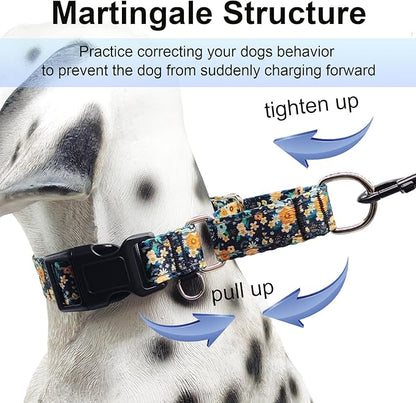 Reflective Martingale Dog Collar with Buckle Soft Nylon Floral No Slip Dog Collars for Large Dogs (Black Orange Flowers, L)