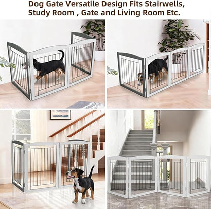 ZJSF Freestanding Foldable Dog Gate for House Extra Wide Wooden Grey Puppy Gate Stairs Dog Gates Doorways Tall Pet Gate 32" Height 4 Panels Pet Fence