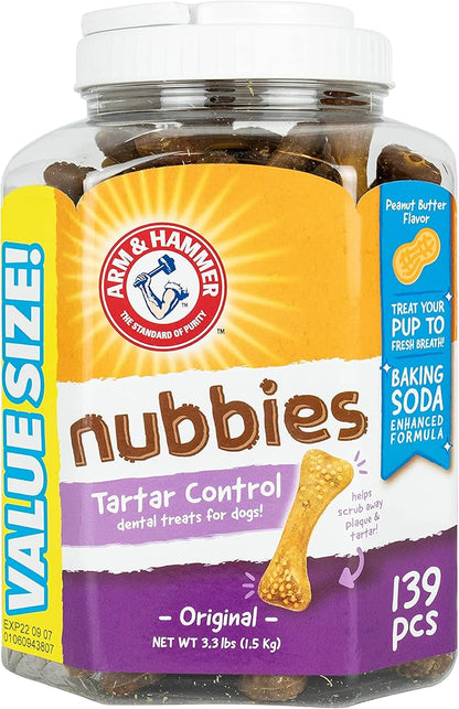 Arm & Hammer for Pets Nubbies Dental Treats Value Size - Baking Soda & Calcium Dog Dental Chews, Helps Scrub Plaque & Tartar While Chewing, Peanut Butter Flavor, 139 Count, 52.8 Oz - 6 Pack