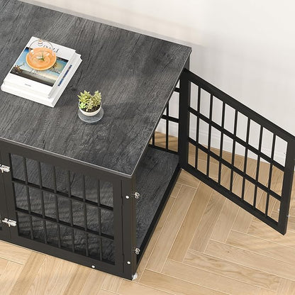 rehomerance 48 Inch Heavy Duty Dog Crate Furniture for Large Dogs, Decorative Pet House End Table, Extra Large Wooden Cage Kennel Furniture Indoor, Black and Gray