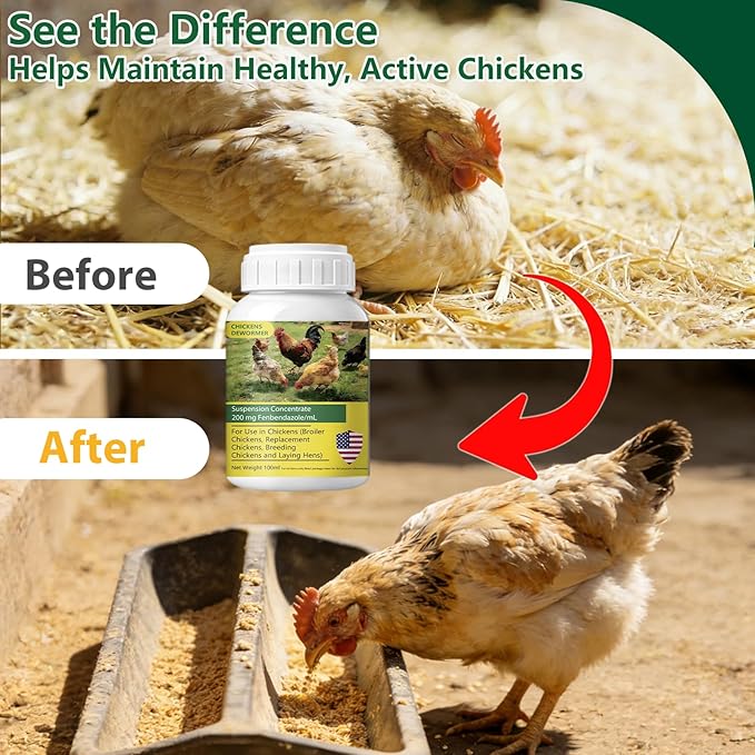 Dewormer for Chickens, Laying Hens, Poultry & More, Fenbendazole for Chickens Dewormer All Wormers,Tapeworms, Roundworms & Hookworms, 100ml（3.4 fl oz）