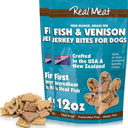 TRMC Real Meat Dog Treats - Two 12oz Bag of Bite-Sized Air-Dried Fish & Venison Jerky for Dogs - Grain-Free Jerky Dog Treats Made up of 95% All-Natural, Free-Range Venison & Ocean-Caught Fish
