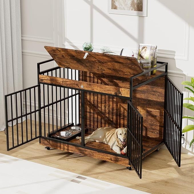 45 Inch Dog Crate Furniture for Large Dog with 2 Stainless Steel Bowls, Heavy Duty Dog Kennel Indoor, Large Wooden Dog Crate Table for Decorate House As TV Stand, End Table