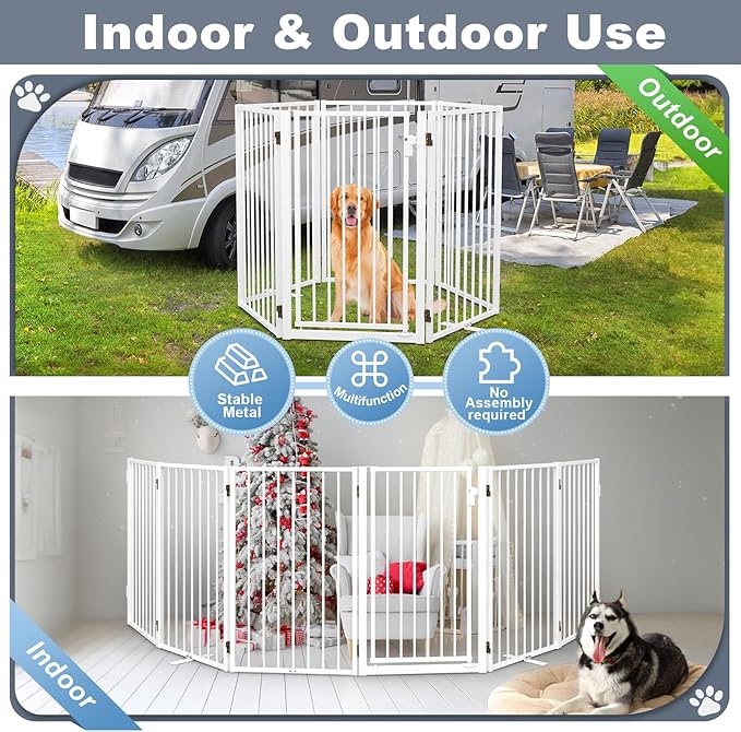 Metal Freestanding Dog Gates with Door for Outdoor Indoor,120'' Extra Wide 36'' Tall Free Standing Dog Gate for Doorways,Large Openings,Deck,Yard,Porch,Foldable Pet Fence(White,6 Panels)