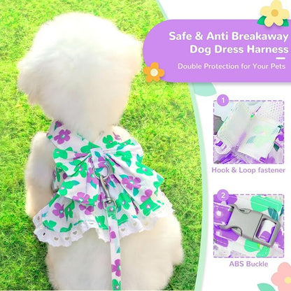 ABRRLO Dog Harness Dress Leash Set for Small Dog Summer Clothes Girl Female Puppy Cats Outfits Cute Floral Bowknot Princess Birthday Dress for Extra Small Pet Doggie Kitten Outfits Apparel(Green,XS)