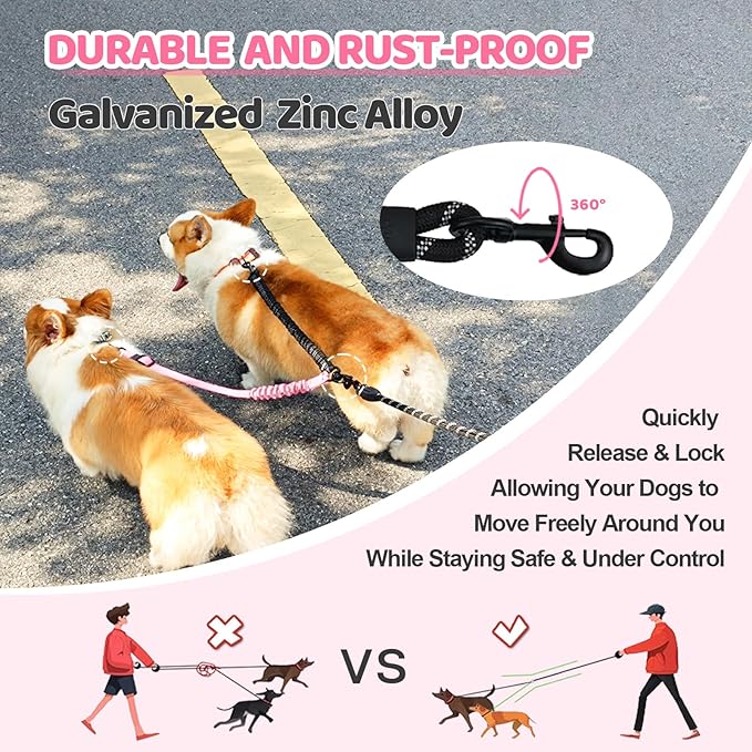 Double Dog Leash - 360°Swivel Tangle Free Splitter Attachment, 2 Dogs Multi-Functional Leashes, Dual Rope for Outdoor Walk Train Small Medium Large Two Pet, Pink