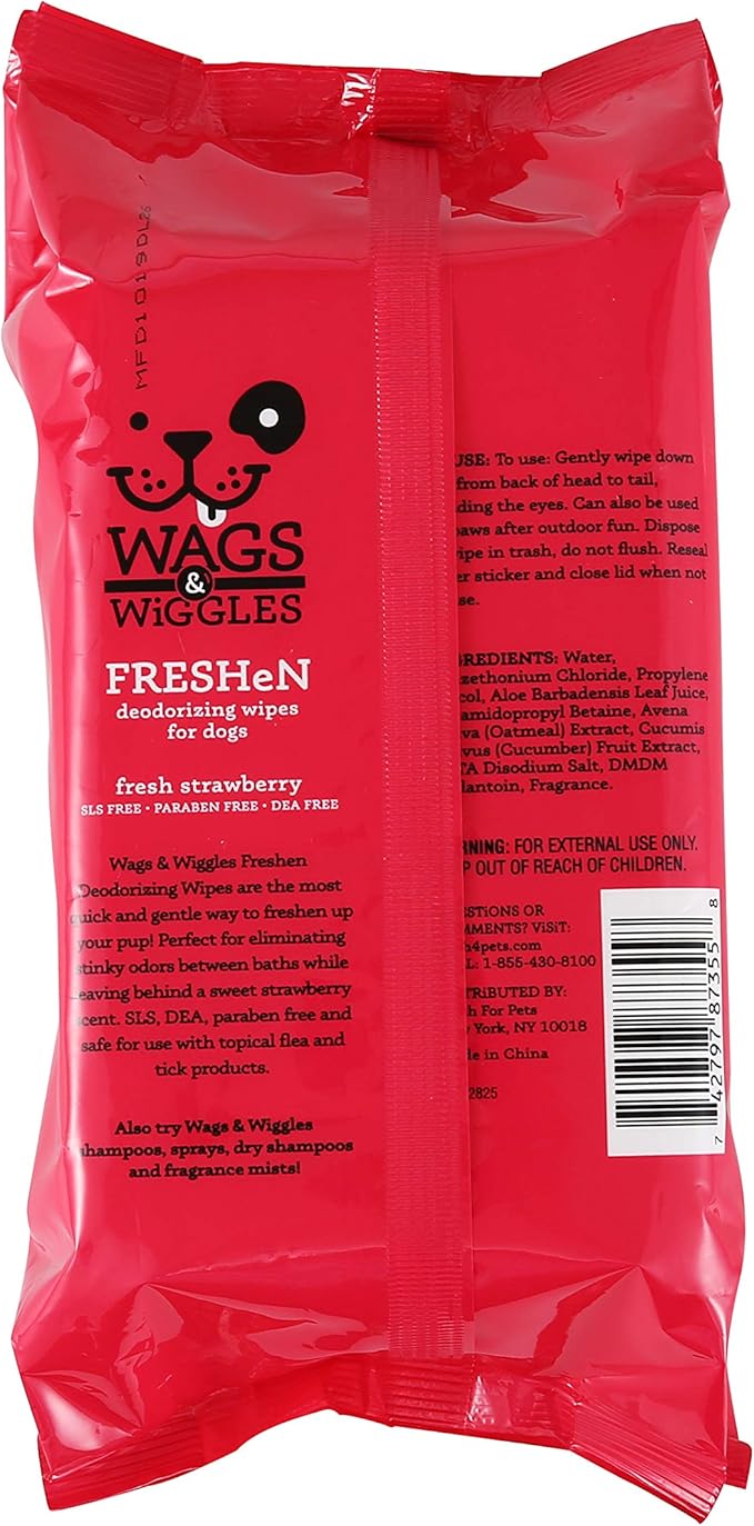 Wags & Wiggles Freshen Deodorizing Wipes for Dogs, Fresh Strawberry Scent - Dog Wipes Eliminate Odors - Easy and Convenient Way to Freshen Your Pet Without A Bath, 100 Count - 12 Pack
