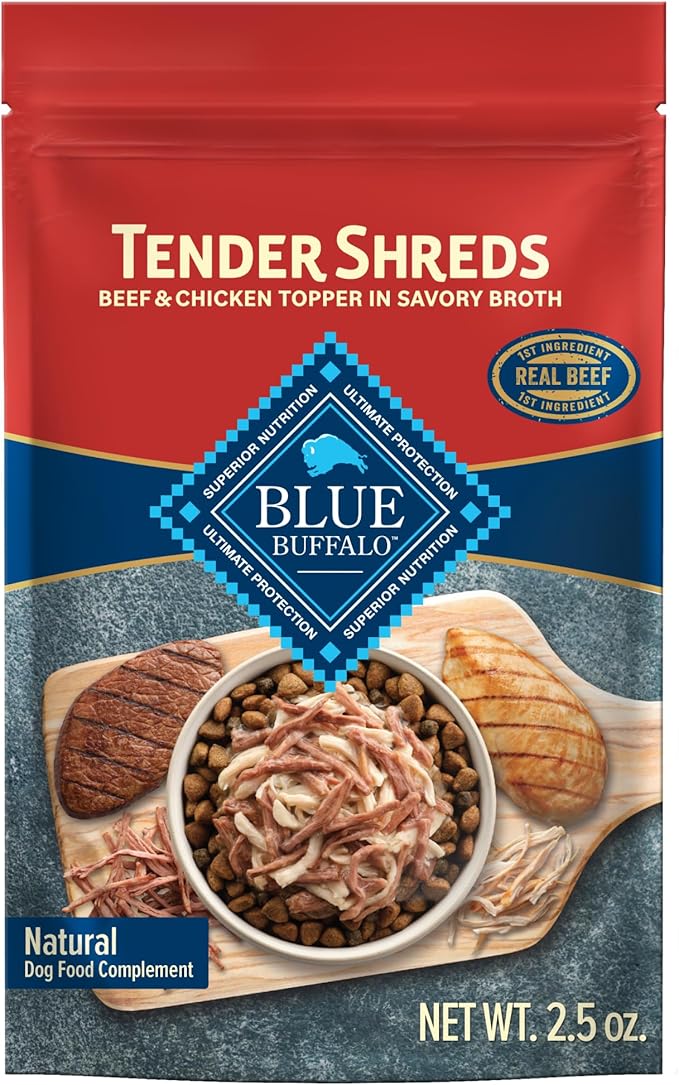 Blue Buffalo Tender Shreds Beef & Chicken Toppers in Savory Broth, Natural Dog Food Complement, Beef, 2.5-oz. Pouch, 24-Count