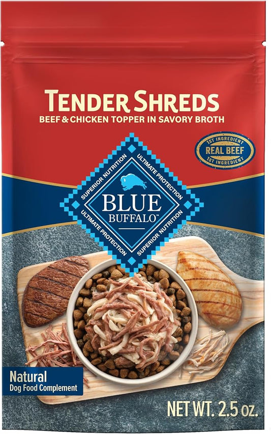 Blue Buffalo Tender Shreds Beef & Chicken Toppers in Savory Broth, Natural Dog Food Complement, Beef, 2.5-oz. Pouch, 24-Count