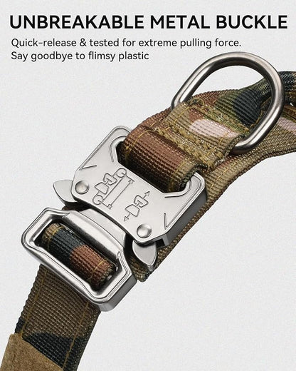 Joytale Tactical Dog Collar with Handle and Metal Buckle, Heavy Duty Padded Military Collar with 2 Patches for Training, Adjustable for Medium Dogs, Camouflage, M