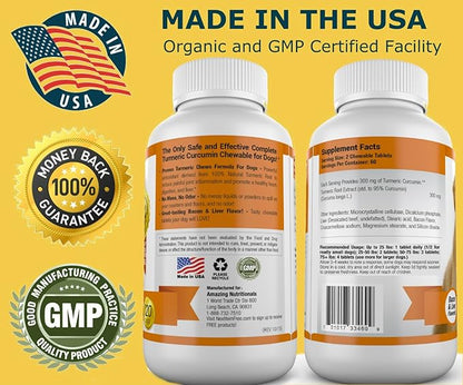 Amazing Turmeric for Dogs Curcumin Pet Antioxidant, Eliminates Joint Pain Inflammation, 120 Chews