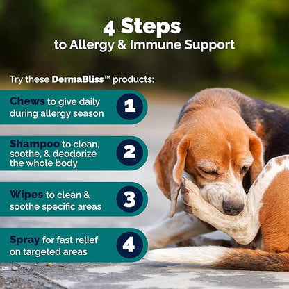 Vetnique DermaBliss Dog Allergy Chews for Seasonal Allergy Itch Relief, Skin & Gut Health with Probiotics and Omega 3 Blend - Advanced or Regular Strength (120ct, Regular Strength Chews)