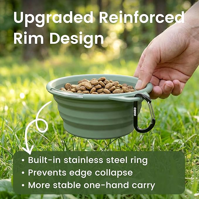 OHMO Collapsible Dog Water Bowls w/Built-in Stainless Steel Ring – 2pcs Small 12oz/400ml Portable Silicone Pet Feeding Bowl for Hiking, Camping, Travel