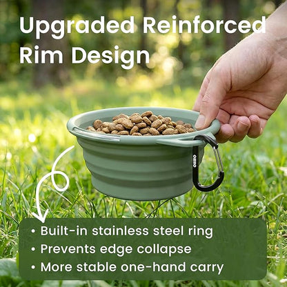 OHMO Collapsible Dog Water Bowls w/Built-in Stainless Steel Ring – 2pcs Small 12oz/400ml Portable Silicone Pet Feeding Bowl for Hiking, Camping, Travel