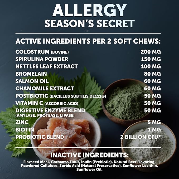 Dog Allergy Chews - Itchy Skin Relief for Dogs - 120 Chewable Soft Treats with Colostrum and Probiotics- Seasonal Allergies - Skin and Coat, Anti Itch, Hot Spots - Dog Allergy Relief Supplement