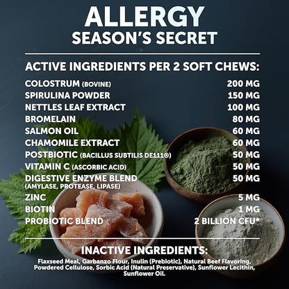 Dog Allergy Chews - Itchy Skin Relief for Dogs - 120 Chewable Soft Treats with Colostrum and Probiotics- Seasonal Allergies - Skin and Coat, Anti Itch, Hot Spots - Dog Allergy Relief Supplement