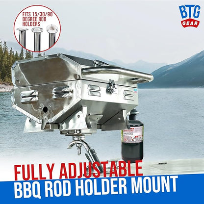 Tailwaves Marine Boat Grill w/Rod Holder Mount | Stainless Steel | Propane Boats & Tailgating & Camping | Built in Thermometer | Portable | Fold-away legs