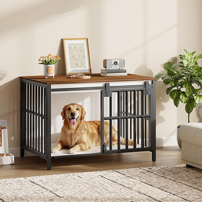 HOOBRO Dog Crate Furniture with Sliding Barn Door, Dog Kennel Indoor for Medium/Large Dogs, Heavy Duty Dog Cage with 2 Doors, End Table for Living Room, Bedroom, Rustic Brown and Black BWH163GW03