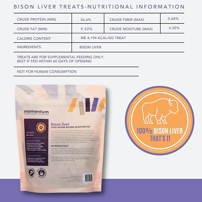 Momentum Carnivore Nutrition Freeze-Dried Bison Liver Dog Treats & Cat Treats – Single-Ingredient, High-Protein, Grain-Free, Lean Novel Protein – Made in USA – 4 oz Bag