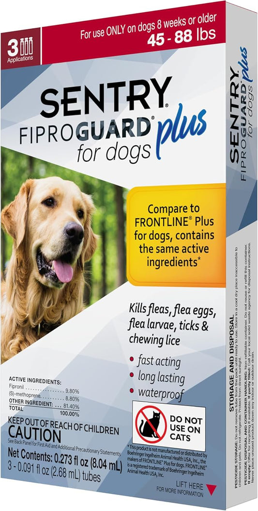 Sentry Fiproguard Plus for Dogs, Flea and Tick Prevention for Dogs (45-88 Pounds), Includes 3 Month Supply of Topical Flea Treatments